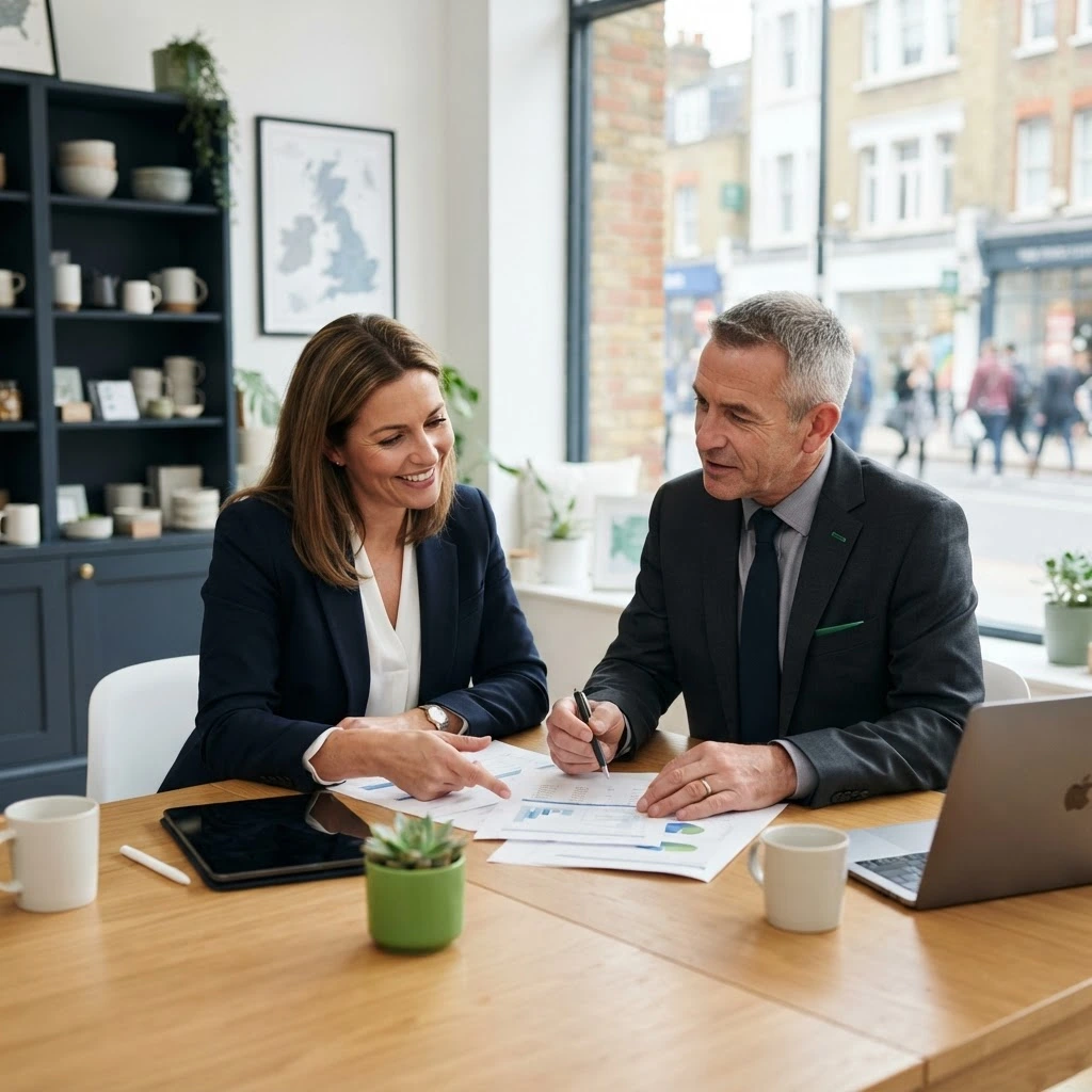 Business owner reviewing rates documents with an advisor